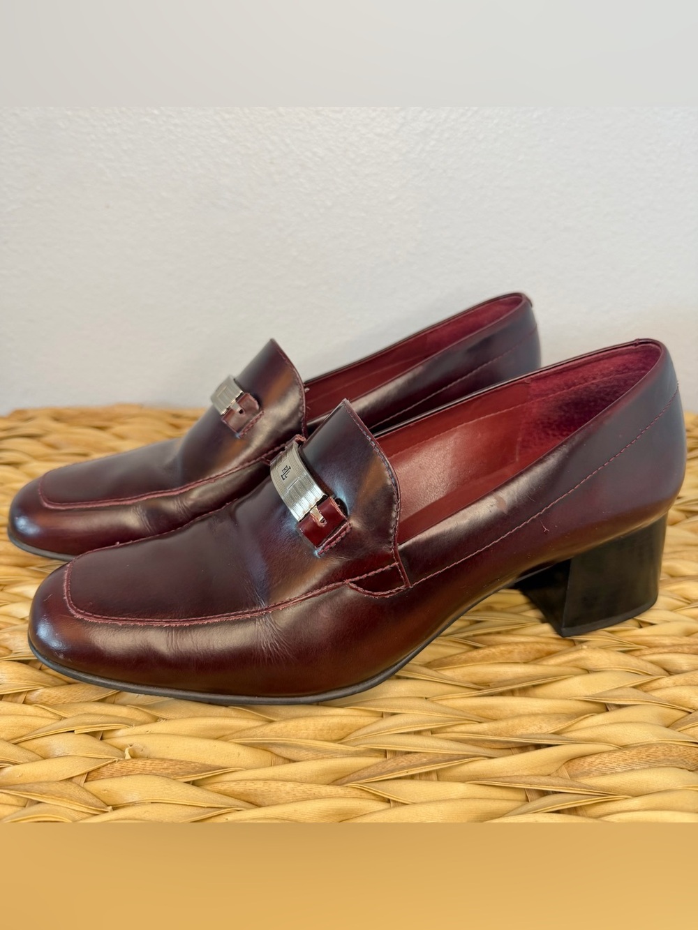 Burgundy Leather Block Heel Women’s Loafers - Lauren Ralph Lauren, Size 7.5
